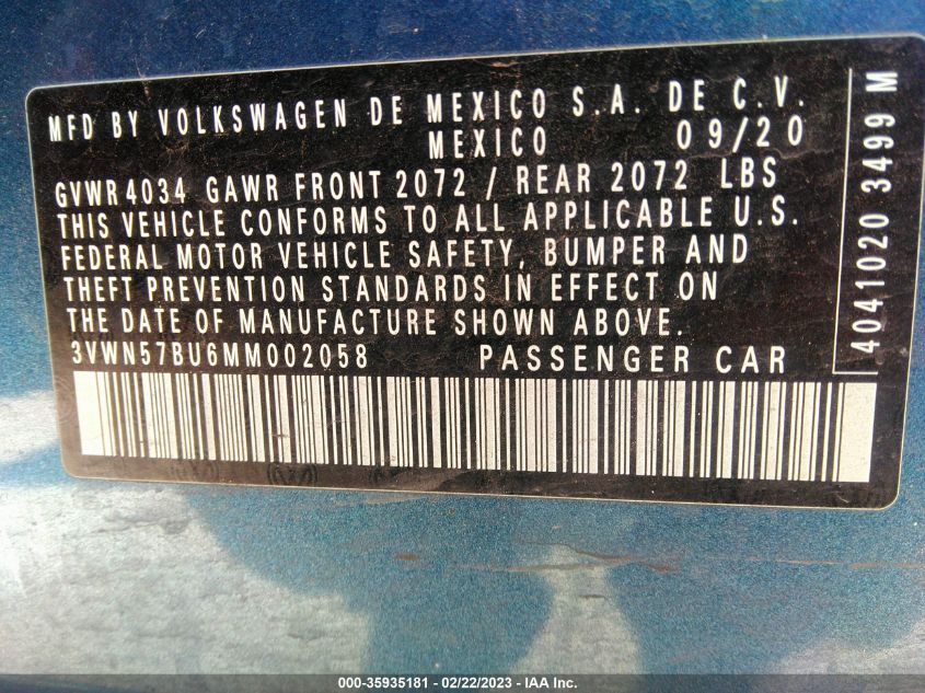 2021 VOLKSWAGEN JETTA S/R-LINE - 3VWN57BU6MM002058
