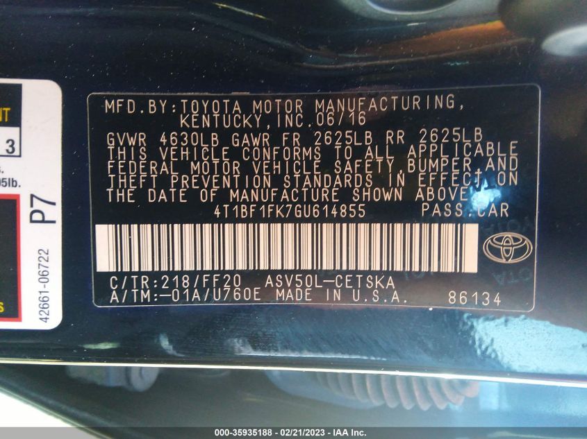 2016 TOYOTA CAMRY XLE/SE/LE/XSE - 4T1BF1FK7GU614855