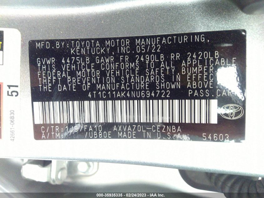 2022 TOYOTA CAMRY LE - 4T1C11AK4NU694722