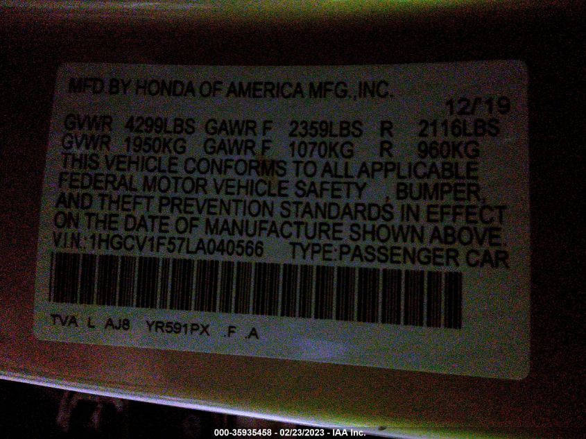 2020 HONDA ACCORD SEDAN EX-L - 1HGCV1F57LA040566