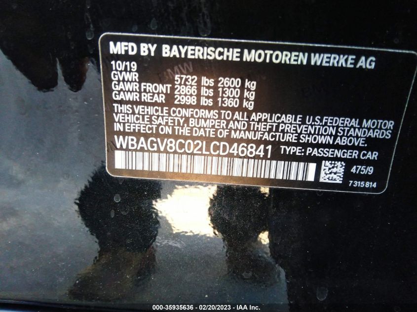 2020 BMW 8 SERIES M850I WBAGV8C02LCD46841