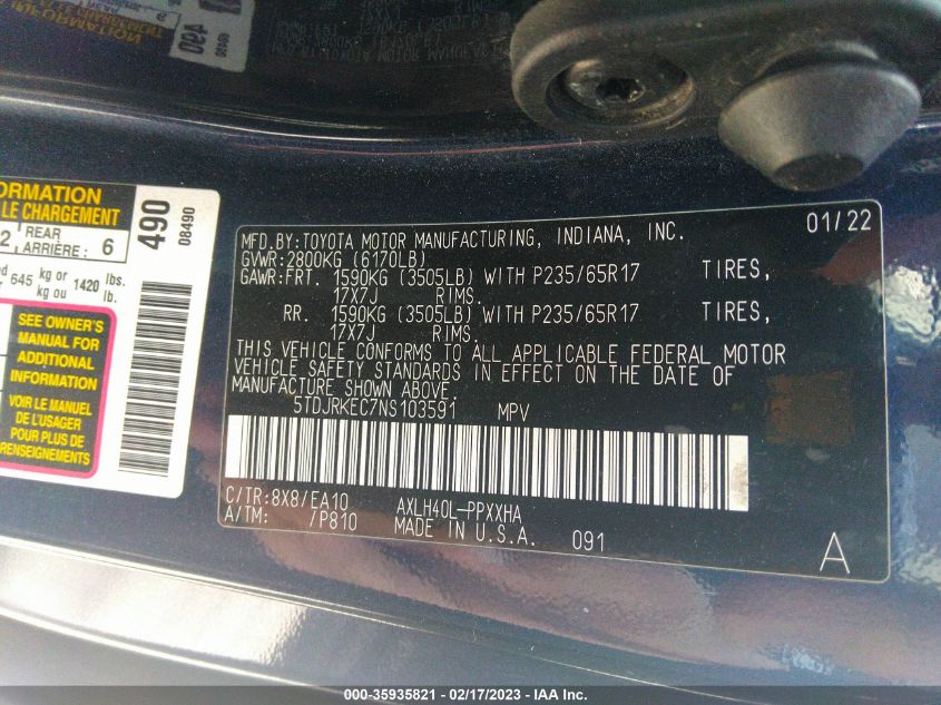 2022 TOYOTA SIENNA XLE - 5TDJRKEC7NS103591