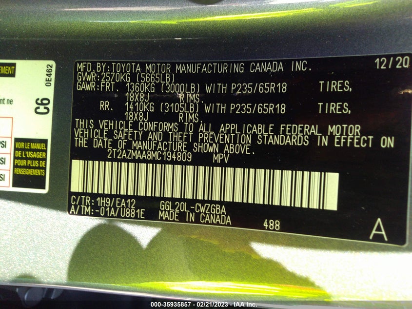 VIN 2T2AZMAA8MC194809 2021 LEXUS RX RX 350