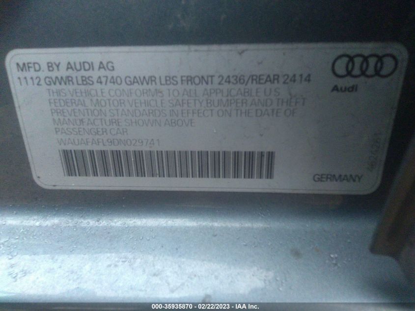 2013 AUDI A4 PREMIUM - WAUAFAFL9DN029741