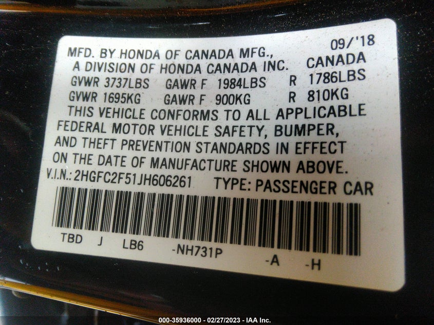 VIN 2HGFC2F51JH606261 2018 HONDA CIVIC SEDAN LX
