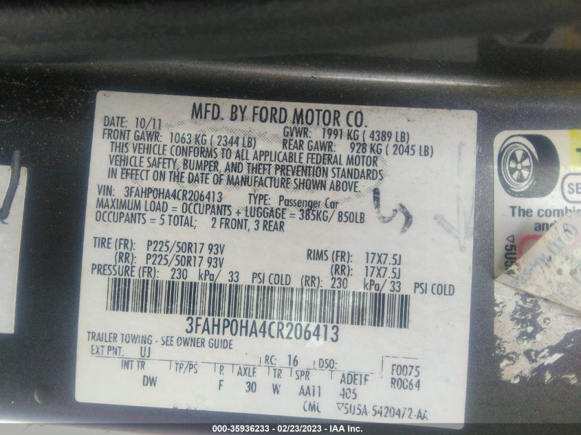 3FAHP0HA4CR206413 2012 FORD FUSION, photo no. 9