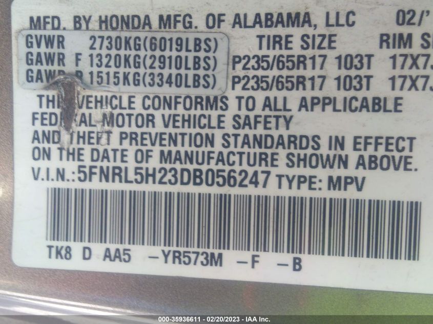 VIN 5FNRL5H23DB056247 2013 HONDA ODYSSEY no.9