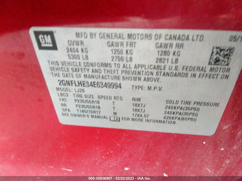 2014 CHEVROLET EQUINOX LTZ - 2GNFLHE34E6349994