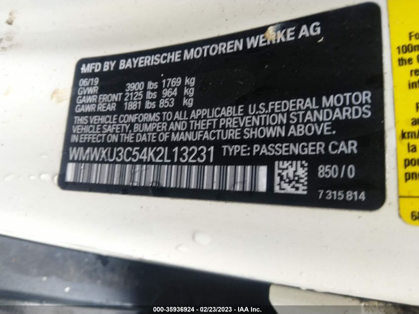2019 MINI HARDTOP 4 DOOR COOPER S WMWXU3C54K2L13231