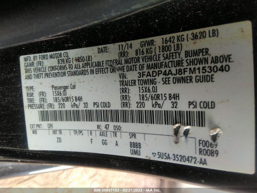 2015 FORD FIESTA S - 3FADP4AJ8FM153040