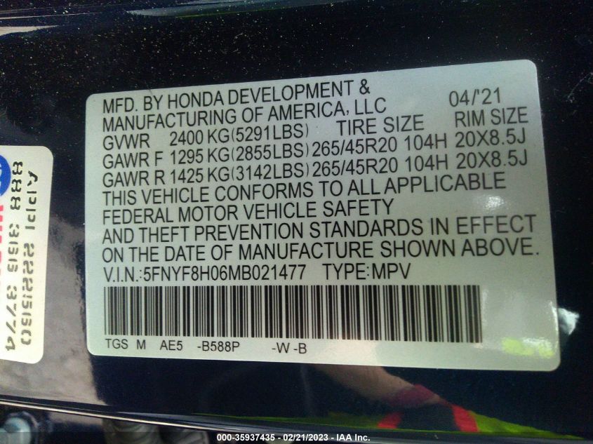 2021 HONDA PASSPORT ELITE - 5FNYF8H06MB021477