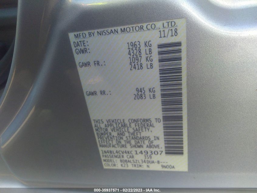 2019 NISSAN ALTIMA 2.5 SR - 1N4BL4CV4KC149307