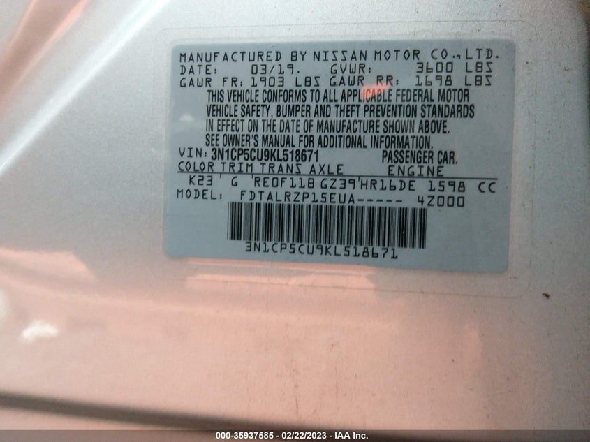 VIN 3N1CP5CU9KL518671 2019 NISSAN KICKS S