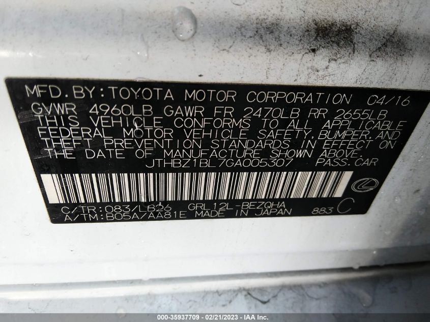 2016 LEXUS GS 350 - JTHBZ1BL7GA005307