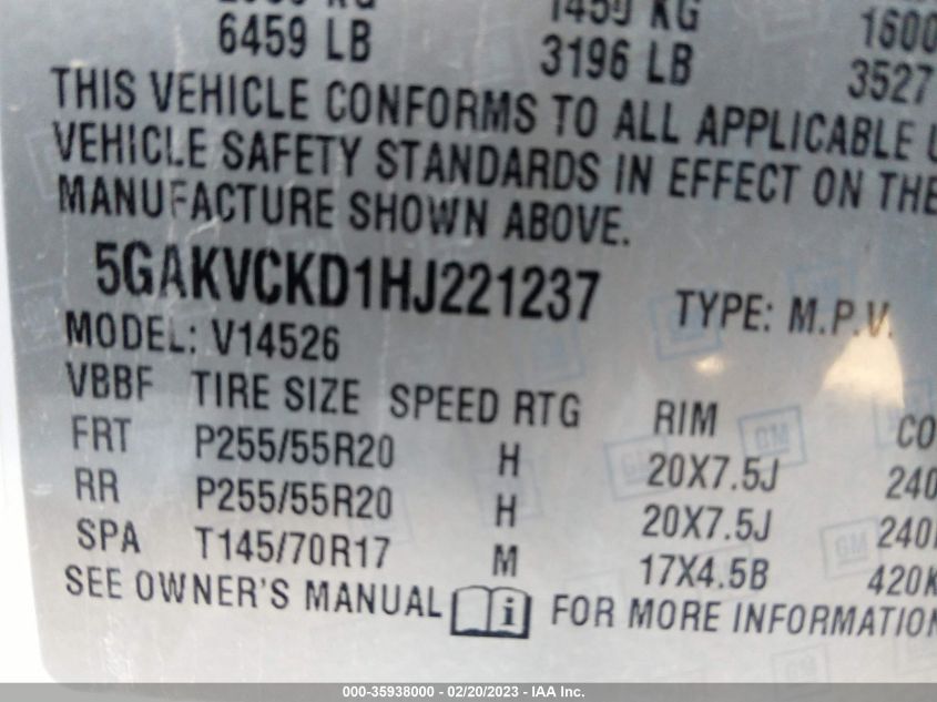 VIN 5GAKVCKD1HJ221237 2017 BUICK ENCLAVE no.9