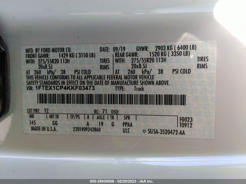 VIN 1FTEX1CP4KKF03473 2019 FORD F-150 XL/XLT/LARIAT