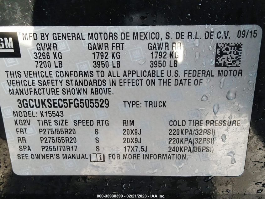 2015 CHEVROLET SILVERADO 1500 LTZ - 3GCUKSEC5FG505529