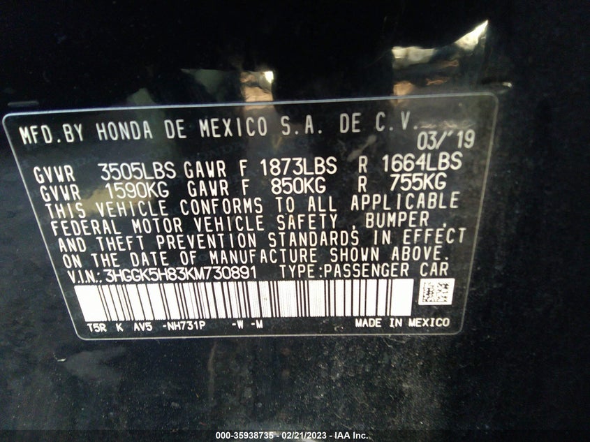 VIN 3HGGK5H83KM730891 2019 HONDA FIT EX