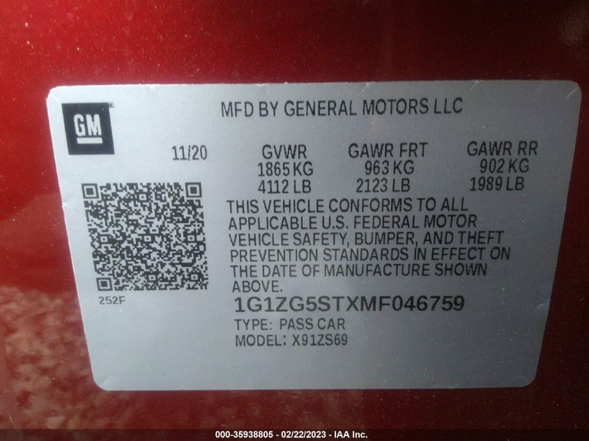 2021 CHEVROLET MALIBU RS - 1G1ZG5STXMF046759