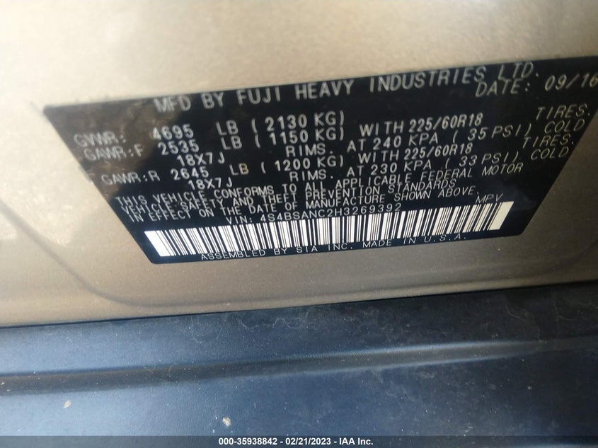 VIN 4S4BSANC2H3269392 2017 SUBARU OUTBACK LIMITED