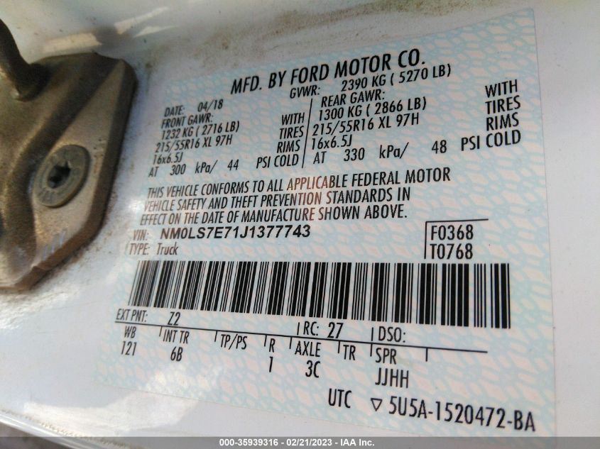 2018 FORD TRANSIT CONNECT XL - NM0LS7E71J1377743