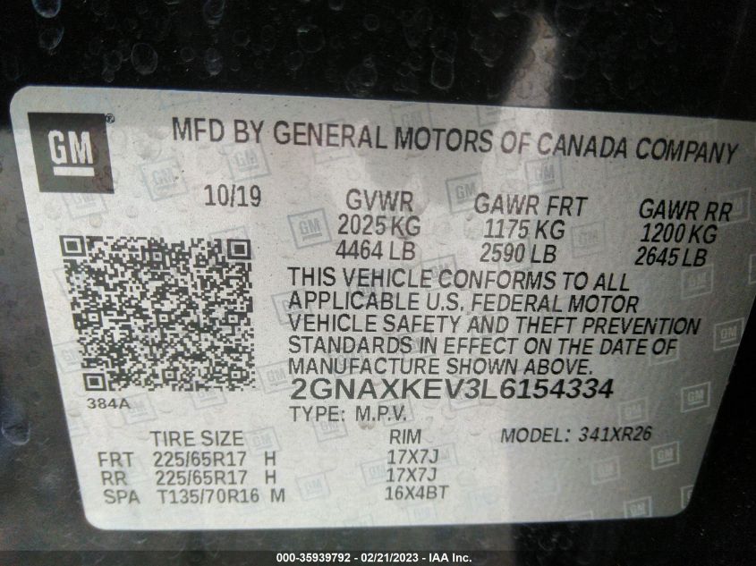 2020 CHEVROLET EQUINOX LT - 2GNAXKEV3L6154334