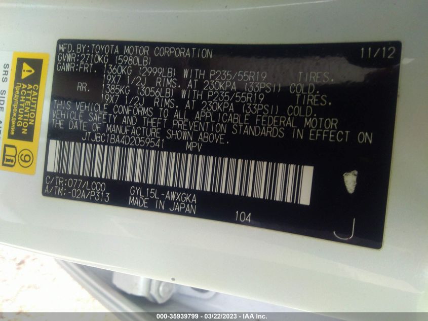 2013 LEXUS RX 450H - JTJBC1BA4D2059541