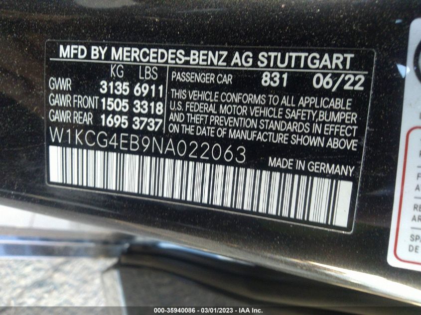 2022 MERCEDES-BENZ EQS EQS 580 W1KCG4EB9NA022063