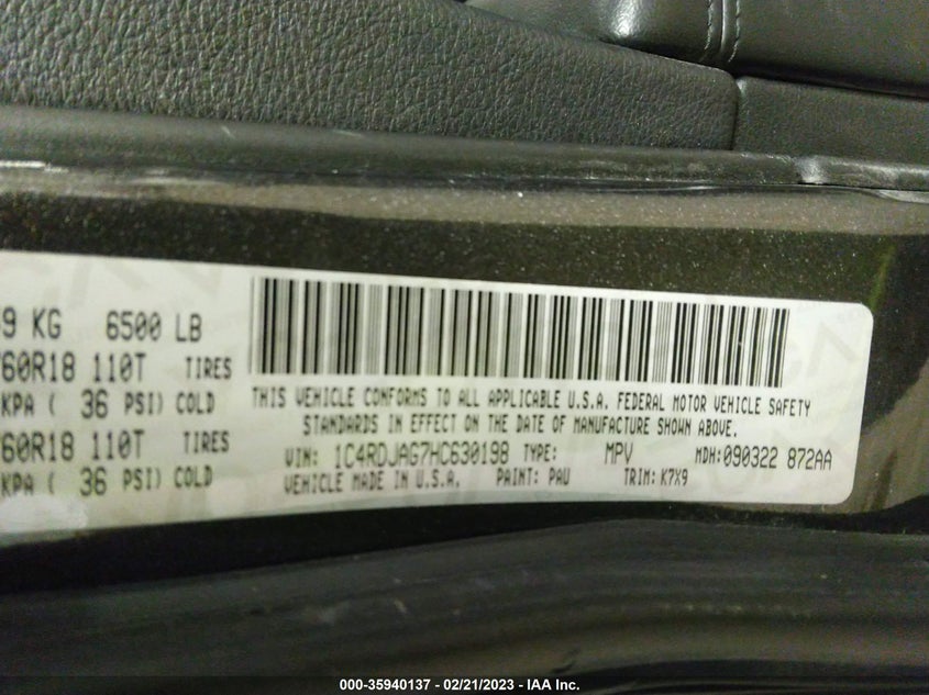 VIN 1C4RDJAG7HC630198 2017 DODGE DURANGO SXT