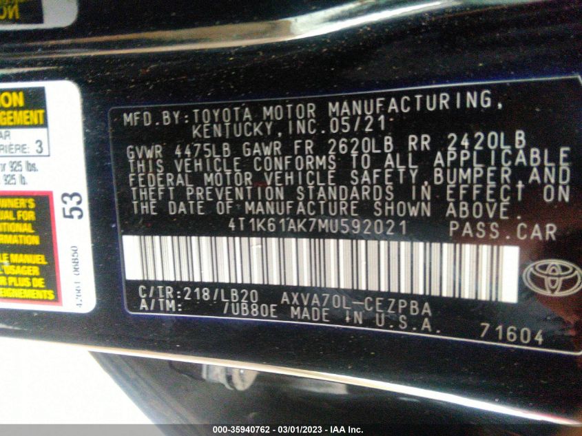 2021 TOYOTA CAMRY XSE - 4T1K61AK7MU592021