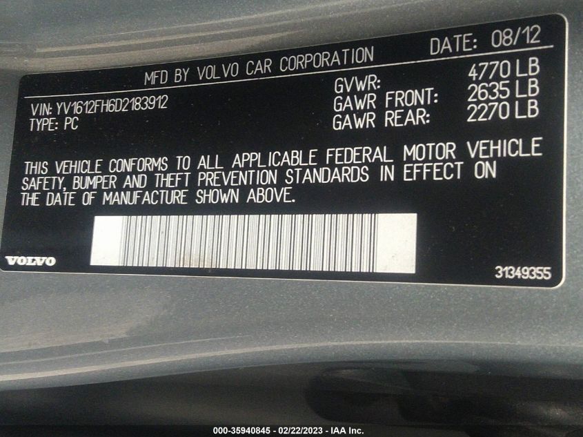 2013 VOLVO S60 T5 - YV1612FH6D2183912