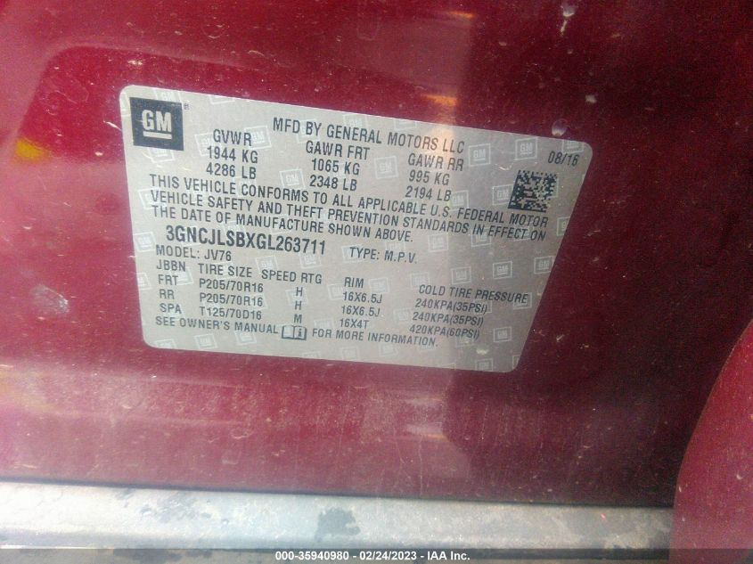 2016 CHEVROLET TRAX LT - 3GNCJLSBXGL263711