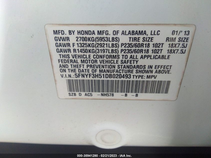 2013 HONDA PILOT EX-L - 5FNYF3H51DB020493