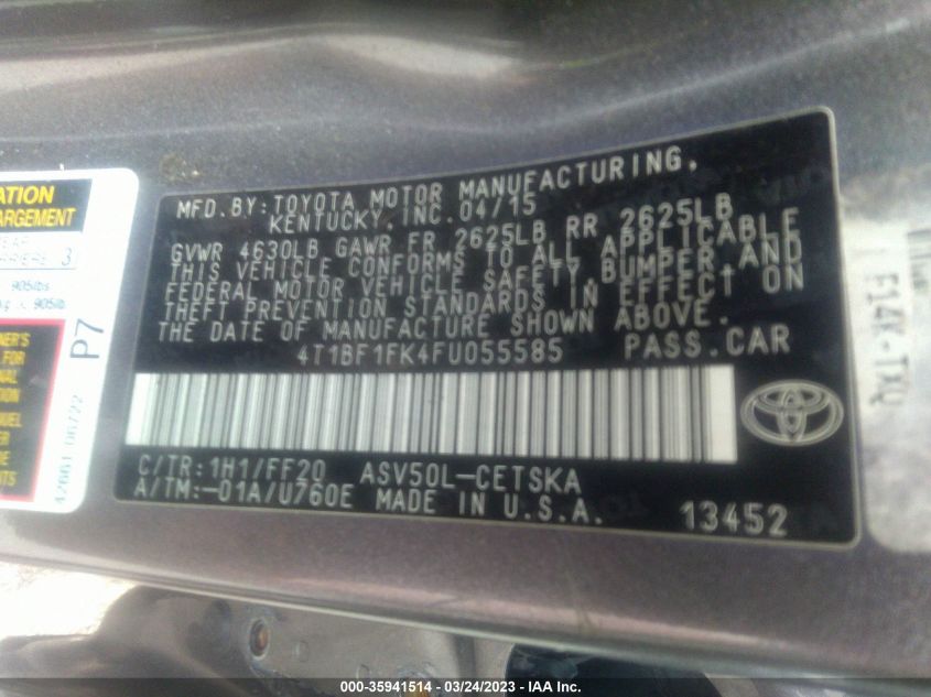 2015 TOYOTA CAMRY XLE/SE/LE/XSE - 4T1BF1FK4FU055585