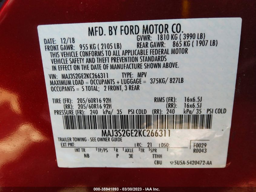 2019 FORD ECOSPORT SE - MAJ3S2GE2KC266311