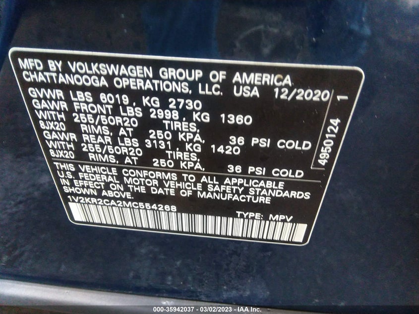 VIN 1V2KR2CA2MC554268 2021 VOLKSWAGEN ATLAS 3.6L V6 SE W/TECHNOLOGY