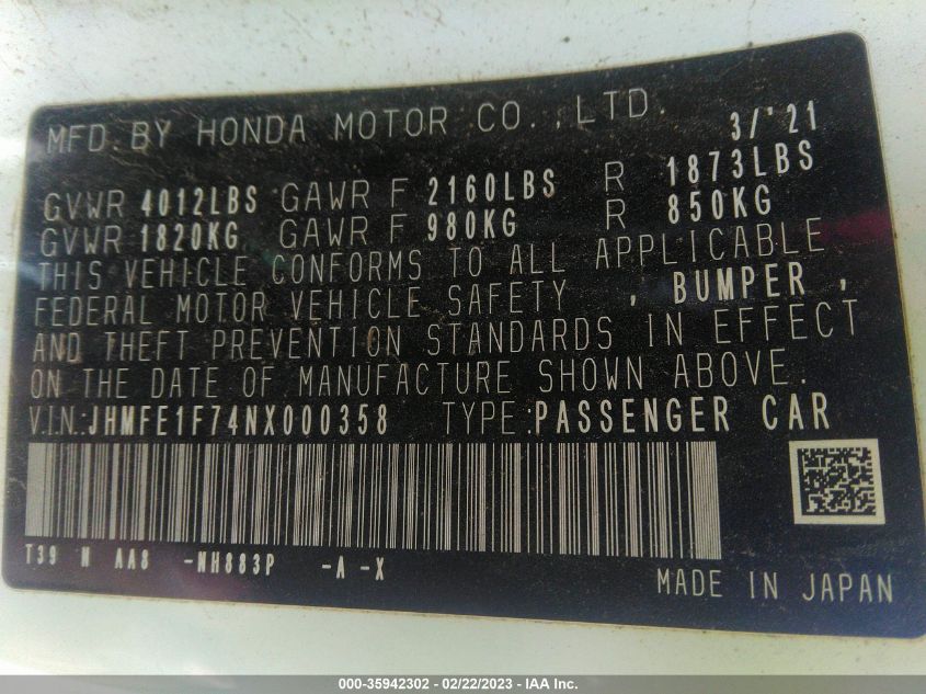 2022 HONDA CIVIC SEDAN EX - JHMFE1F74NX000358