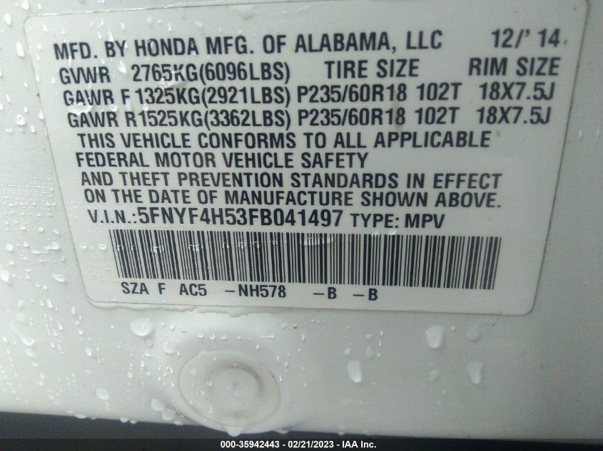 2015 HONDA PILOT EX-L - 5FNYF4H53FB041497