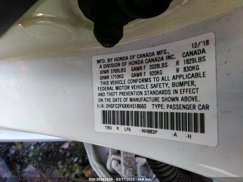 2HGFC2F6XKH518660 Honda Civic Sedan LX 9