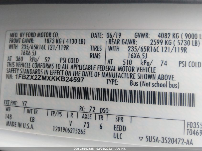 2019 FORD TRANSIT PASSENGER WAGON XL/XLT 1FBZX2ZMXKKB24597