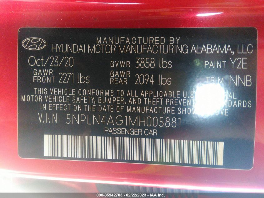 2021 HYUNDAI ELANTRA SEL - 5NPLN4AG1MH005881