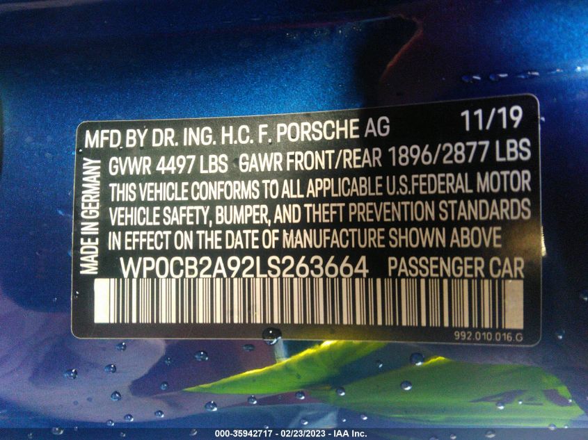 2020 PORSCHE 911 CARRERA - WP0CB2A92LS263664