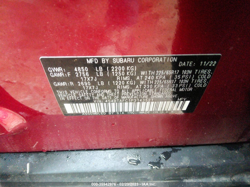 VIN 4S4BTAFC1P3143521 2023 SUBARU OUTBACK PREMIUM
