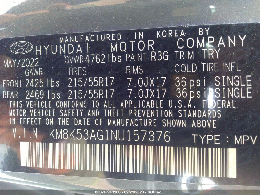 2022 HYUNDAI KONA ELECTRIC LIMITED - KM8K53AG1NU157376