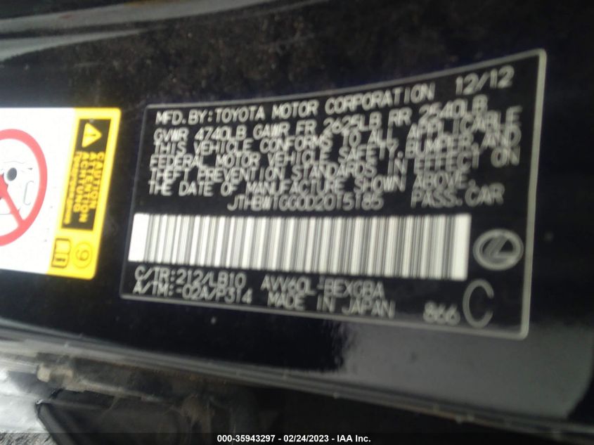 2013 LEXUS ES 300H HYBRID JTHBW1GG0D2015185