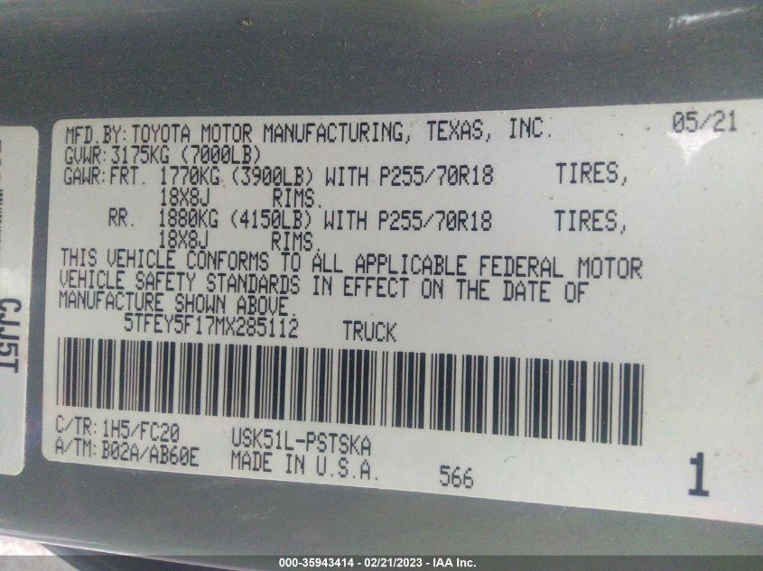2021 TOYOTA TUNDRA 2WD SR5 5TFEY5F17MX285112