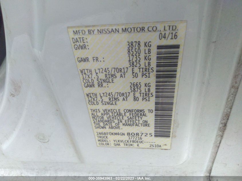 2016 NISSAN NV S 1N6BF0KM4GN808725