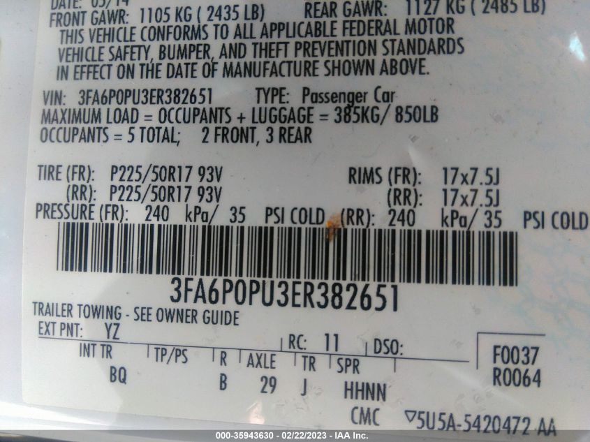 2014 FORD FUSION ENERGI SE LUXURY 3FA6P0PU3ER382651