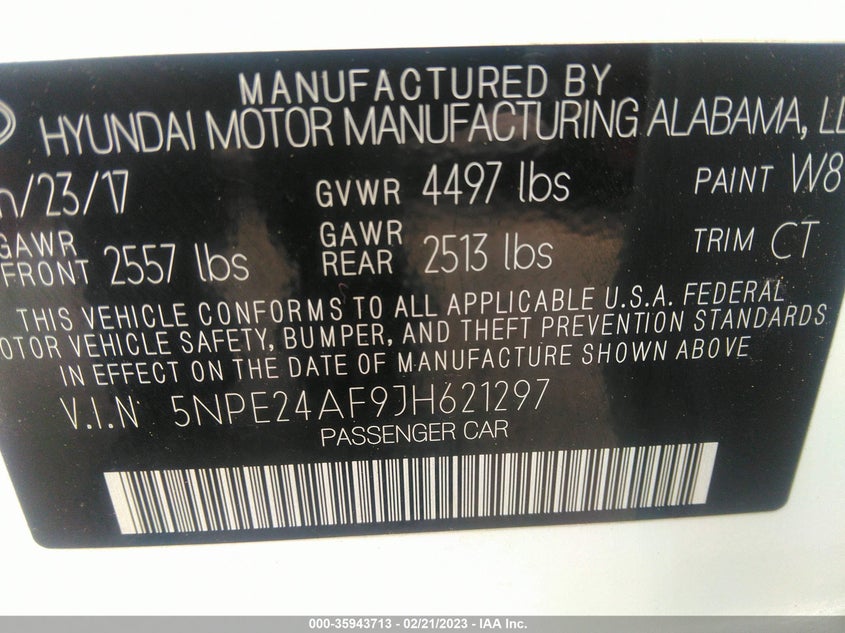 VIN 5NPE24AF9JH621297 2018 HYUNDAI SONATA SE