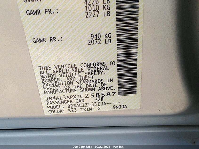 VIN 1N4AL3APXJC258587 2018 NISSAN ALTIMA 2.5 SV